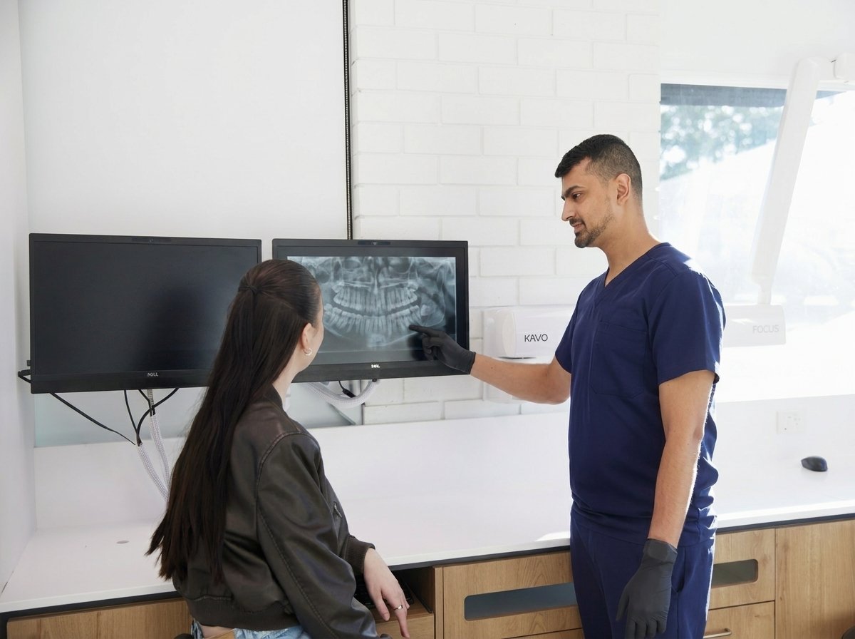 A dentist reviewing a dental implant x-ray with a patient — the closest thing to a real tooth